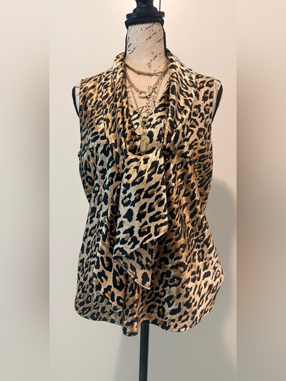 Kasper Leopard Print Draped Neck Sleeveless Top - Black & Tan